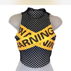 Bold Black and Yellow Mesh Crop Top festival medium warning